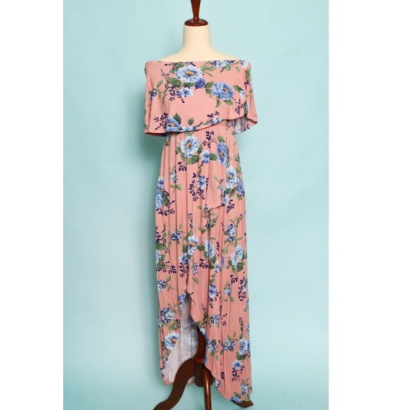 "The Alayna" Flounce Bandeau Blush Floral Maxi Dress - Picture 1 of 2